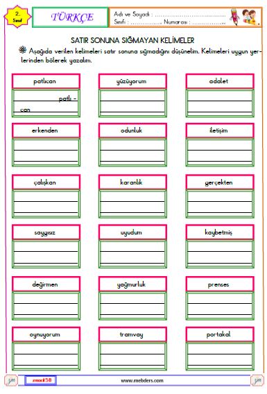 2. Sınıf Türkçe Satır Sonuna Sığmayan Kelimeler Etkinliği